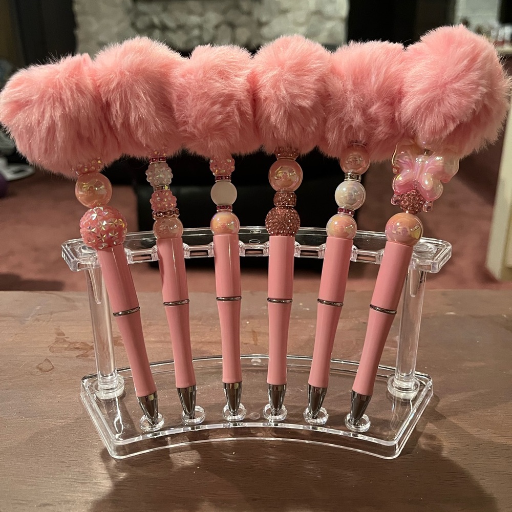 Set of Pink Fluffy Pens with Beaded Details and MORE